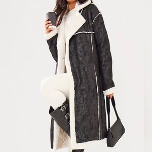 Black Faux Suede Borg Trim Maxi Coat
